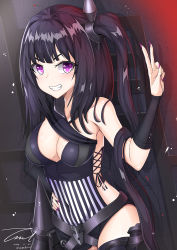 Rule 34 | 1girl, architect (girls&#039; frontline), belt, black hair, breasts, cleavage, cowboy shot, dated, girls&#039; frontline, grin, long hair, looking at viewer, nail polish, purple eyes, sangvis ferri, side ponytail, signature, smile, solo, unel1211, v, very long hair