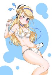 Rule 34 | &gt; o, 1girl, :t, bikini, blonde hair, blue eyes, breasts, cellphone, cleavage, double bun, fletcher (kancolle), food, hair bun, hair ornament, hairband, highres, kantai collection, large breasts, long hair, one eye closed, phone, popsicle, pout, satetsu (satetsu3135), smartphone, solo, star (symbol), swimsuit, white bikini