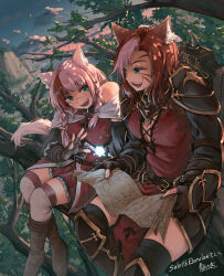 Rule 34 | 2girls, :d, animal ears, armor, artist name, belt, boots, borrowed character, braid, breasts, brown hair, cat ears, cat tail, cleavage, cloud, commentary, commission, commissioner name, english commentary, final fantasy, final fantasy xiv, fingerless gloves, frilled skirt, frills, gloves, highres, holding, holding map, in tree, knee boots, map, medium breasts, mixed-language commentary, mountain, multicolored hair, multiple girls, nature, open mouth, original, outdoors, pauldrons, pleated skirt, poleyn, ryuunosuke (luckyneco), shoulder armor, signature, skeb commission, skirt, sky, smile, tail, teeth, thighhighs, tree, twilight, twin braids, two-tone hair, white hair, zettai ryouiki