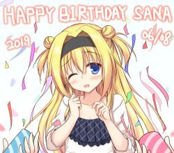 Rule 34 | 1girl, 2019, black hairband, blonde hair, blue eyes, blush, breasts, casual, character name, chitose sana, clenched hand, collarbone, commentary request, confetti, dated, double bun, eyelashes, eyes visible through hair, hair between eyes, hair bun, hair intakes, hairband, hands up, happy birthday, head tilt, igarashi kenji, long hair, long sleeves, looking at viewer, one eye closed, open mouth, party popper, shirt, simple background, small breasts, smile, solo, straight-on, tenshinranman, two side up, upper body, white background, white shirt