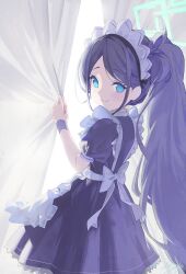 Rule 34 | 1girl, apron, aqua halo, aris (blue archive), aris (maid) (blue archive), black dress, black hair, blue archive, blue eyes, blue halo, bow, closed mouth, commentary, curtains, dress, feet out of frame, frilled apron, frills, from behind, halo, highres, long hair, looking back, m.q (mqkyrie), maid, maid apron, maid headdress, official alternate costume, ponytail, puffy short sleeves, puffy sleeves, short sleeves, smile, solo, very long hair, white apron, white bow