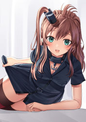 Rule 34 | 1girl, breast pocket, breasts, hair between eyes, impossible clothes, kantai collection, large breasts, lying, mayura (lucadia), neckerchief, pocket, ponytail, red neckerchief, red thighhighs, saratoga (kancolle), side ponytail, smokestack hair ornament, solo, thighhighs, white background
