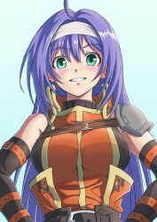 Rule 34 | 1girl, ahoge, armor, blush, breasts, commentary request, dress, fire emblem, fire emblem: path of radiance, funami dingo, green eyes, hairband, highres, long hair, looking at viewer, mia (fire emblem), nintendo, orange dress, pauldrons, purple hair, shoulder armor, single bare shoulder, single pauldron, smile, solo, upper body, white hairband