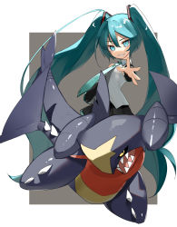 Rule 34 | 1girl, absurdres, black skirt, collared shirt, commentary, creatures (company), crossover, floating hair, game freak, garchomp, gen 4 pokemon, green hair, green neckwear, grey shirt, grin, hair between eyes, hair ornament, hatsune miku, highres, long hair, looking at viewer, necktie, nintendo, outstretched arm, pleated skirt, pokemon, pokemon (creature), reirou (chokoonnpu), shirt, skirt, sleeveless, sleeveless shirt, smile, spread fingers, symbol-only commentary, teeth, twintails, very long hair, vocaloid
