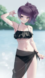 Rule 34 | 1girl, :d, absurdres, arm up, armpits, bare arms, bare shoulders, bikini, black bikini, blunt bangs, blurry, blurry background, blush, collarbone, cowboy shot, day, depth of field, diagonal bangs, ear piercing, fingernails, grin, highres, idolmaster, idolmaster shiny colors, kimi (hearty yuuki), long fingernails, long hair, looking at viewer, makeup, mascara, nail polish, navel, open mouth, outdoors, parted lips, piercing, purple eyes, purple hair, purple nails, sarong, see-through, side ponytail, smile, solo, stomach, swimsuit, tanaka mamimi, v-shaped eyebrows, water, yellow lips