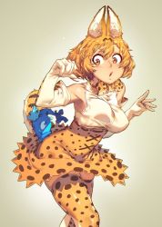 Rule 34 | 10s, 1girl, animal ears, ass biting, biting, blonde hair, blush, bouncing breasts, bow, bowtie, breasts, cellien (kemono friends), creature, elbow gloves, eureka brider, gloves, high-waist skirt, kemono friends, medium breasts, personification, polka dot, serval, serval (kemono friends), serval print, serval tail, shirt, short hair, skirt, sleeveless, sleeveless shirt, solo focus, striped tail, surprised, tail, thighhighs, unaligned breasts, yellow eyes, yellow thighhighs