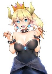 Rule 34 | 1girl, armlet, bad id, bad twitter id, bare shoulders, black collar, black dress, black nails, borrowed design, bowsette, bracelet, breasts, brooch, claw pose, cleavage, collar, commentary request, cowboy shot, crown, dress, earrings, gem, highres, horns, jewelry, leaning to the side, long hair, looking at viewer, mario (series), medium breasts, medium dress, nail polish, nakasone haiji, new super mario bros. u deluxe, nintendo, open mouth, ponytail, sharp teeth, simple background, smile, solo, spiked armlet, spiked bracelet, spiked collar, spikes, standing, strapless, strapless dress, super crown, teeth, turtle shell, white background