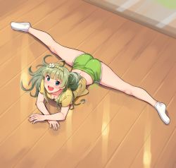 Rule 34 | 1girl, :d, ahoge, arm support, ass, bare legs, blue eyes, blunt bangs, breasts, cleavage, exercising, flexible, flower, from above, full body, green hair, green shorts, gym shorts, hair flower, hair ornament, hair spread out, hairband, idolmaster, idolmaster million live!, indoors, kamille (vcx68), legs, long hair, looking at viewer, looking up, lying, midriff, on floor, on stomach, open mouth, shimabara elena, shirt, short sleeves, shorts, smile, socks, solo, split, spread legs, straddle split, teeth, upper teeth only, white socks, wooden floor, yellow hairband, yellow shirt
