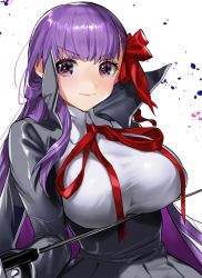 Rule 34 | &gt;:), 10s, 1girl, bb (fate), bb (fate/extra), black jacket, black skirt, blush, bow, breasts, closed mouth, collared shirt, commentary request, fate/extra, fate/extra ccc, fate (series), hair between eyes, hair bow, high collar, jacket, large breasts, long hair, long sleeves, neck ribbon, pleated skirt, purple eyes, purple hair, red bow, red ribbon, ribbon, riding crop, shirt, simple background, skirt, smile, solo, v-shaped eyebrows, very long hair, white background, white shirt, yanyo (ogino atsuki)