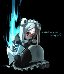 Rule 34 | 1girl, absurdres, apron, black background, bloody marie (skullgirls), dress, fire, frilled apron, frills, grey hair, hair ornament, highres, looking at viewer, looking to the side, maid headdress, painter j, red eyes, skull hair ornament, skullgirls, solo, twintails