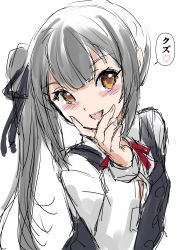 Rule 34 | 1girl, black ribbon, brown eyes, collared shirt, commentary request, dress, dress shirt, fuji (pixiv24804665), grey hair, highres, kantai collection, kasumi (kancolle), kasumi kai ni (kancolle), long hair, long sleeves, looking at viewer, neckerchief, pinafore dress, red ribbon, ribbon, shirt, side ponytail, sleeveless dress, smile, solo, upper body, white shirt