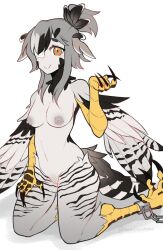 Rule 34 | 1girl, bird legs, bird tail, black feathers, blush, breasts, claws, cleft of venus, commentary, cuffs, english commentary, eyepatch, feathered wings, feathers, grey feathers, grey hair, grey wings, hair up, harpy, head wings, highres, inverted nipples, looking at viewer, medical eyepatch, medium breasts, monster girl, navel, nude, orange eyes, original, pussy, shackles, short hair with long locks, sidelocks, simple background, smile, solo, tail, topopopokoko, twitter username, uncensored, white background, winged arms, wings