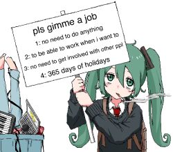 Rule 34 | 1girl, aiu404l, backpack, bag, bags under eyes, bed sheet, black sweater, blue pants, brown bag, cigarette, computer, dr pepper, green eyes, green hair, hair between eyes, hair ribbon, hatsune miku, highres, holding, holding sign, in trash can, instrument, laptop, list, long hair, necktie, non-web source, pants, placard, red necktie, ribbon, shirt, sign, smoke, smoking, sweater, synthesizer, trash can, twintails, vocaloid, white background, white shirt, wire