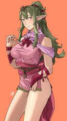 Rule 34 | 1girl, absurdres, alternate costume, bracelet, breasts, commentary, cosplay, dress, english commentary, fire emblem, fire emblem: mystery of the emblem, fire emblem awakening, green eyes, green hair, hair ornament, hair ribbon, highres, jewelry, large breasts, long hair, looking at viewer, nintendo, pink dress, pointy ears, ponytail, ribbon, sakuremi, sidelocks, simple background, smile, solo, standing, thighs, tiara, tiki (adult) (fire emblem), tiki (fire emblem), tiki (fire emblem) (cosplay), tiki (young) (fire emblem), tiki (young) (fire emblem) (cosplay)