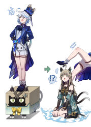 Rule 34 | !?, 2girls, absurdres, ahoge, animal ears, arms behind back, ascot, black ascot, black footwear, black gloves, blue hair, blue headwear, blue jacket, box, brooch, brown hair, cardboard box, cat ears, cat girl, cat tail, commentary, fingerless gloves, furina (genshin impact), genshin impact, gloves, green eyes, hat, hayarob, high heels, highres, jacket, jewelry, kirara (cat) (genshin impact), kirara (genshin impact), long hair, long sleeves, midriff, multicolored hair, multiple girls, multiple tails, open mouth, ponytail, shoes, shorts, simple background, spoken interrobang, standing on box, tail, top hat, two-tone hair, white background, white hair, white shorts