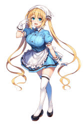Rule 34 | 1girl, :d, apron, arm up, black footwear, blend s, blonde hair, blue eyes, blue shirt, blue skirt, blush, breasts, collared shirt, frilled apron, frills, gloves, hair between eyes, head scarf, highres, hinata kaho, large breasts, long hair, open mouth, pleated skirt, puffy short sleeves, puffy sleeves, raiou, shirt, shoes, short sleeves, simple background, skirt, smile, solo, standing, thighhighs, twintails, very long hair, waist apron, white apron, white background, white gloves, white thighhighs