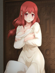 Rule 34 | 10s, 1girl, bad id, bad pixiv id, blush, breast hold, breasts, crossed arms, enami (e373), highres, large breasts, long hair, low-tied long hair, maou (maoyuu), maoyuu maou yuusha, nightgown, pillow, red eyes, red hair, solo, wavy mouth