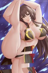 Rule 34 | 1girl, alternate costume, alternate hair length, alternate hairstyle, artist request, ass, bare legs, black dress, braid, breasts, brown hair, capcom, china dress, chinese clothes, chun-li, cleavage, curvy, dress, flexible, highres, huge ass, large breasts, leotard, long hair, looking at viewer, no bra, no panties, nude, partially visible vulva, pelvic curtain, shiny skin, side braids, sidelocks, smile, solo, split, standing, standing on one leg, standing split, street fighter, street fighter v, thick thighs, thighs, thong leotard, transparent, upper body, very long hair