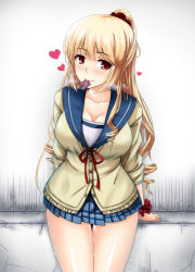 Rule 34 | 10s, 1girl, aiba asagi, blonde hair, blush, breasts, cardigan, cleavage, collarbone, condom, condom in mouth, gayprince, hair ornament, hairclip, half updo, heart, highres, mouth hold, plaid, plaid skirt, pleated skirt, ponytail, pussy juice, red eyes, ribbon, school uniform, scrunchie, serafuku, skirt, solo, steam, strike the blood, sweater, wrist scrunchie