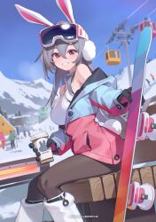 Rule 34 | 1girl, absurdres, animal ears, bilibili xiaolu, black gloves, breasts, brown pantyhose, crowd, cup, day, earmuffs, fake animal ears, feet out of frame, from side, gloves, goggles, goggles on head, grey hair, grin, highres, holding, holding cup, holding snowboard, jacket, large breasts, long hair, looking to the side, mountain, multicolored clothes, multicolored jacket, open clothes, open jacket, original, outdoors, pantyhose, partially unzipped, rabbit ears, red eyes, sitting, smile, snow, solo focus, two-tone jacket