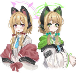 Rule 34 | 2girls, :/, :d, animal ear headphones, animal ears, aqua necktie, blonde hair, blue archive, blunt bangs, blush, bow, cat ear headphones, cat ears, closed mouth, dot nose, facing to the side, fake animal ears, green bow, green eyes, hair bow, halo, headphones, highres, inuinununununu, long hair, long sleeves, looking at viewer, midori (blue archive), momoi (blue archive), multiple girls, necktie, no nose, open mouth, own hands together, red bow, red eyes, siblings, sidelocks, simple background, sisters, sketch, smile, twins, upper body, white background, wide sleeves