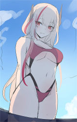 Rule 34 | 1girl, arms behind back, blue sky, breasts, day, fang, fang out, girls&#039; frontline, hair between eyes, highres, hyury, long hair, looking at viewer, m4 sopmod ii (girls&#039; frontline), medium breasts, multicolored hair, navel, ocean, one-piece swimsuit, red eyes, sky, solo, streaked hair, swimsuit, thighs, underboob, unfinished, wading, water
