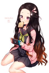 Rule 34 | 1girl, absurdres, bespectacled, black hair, black serafuku, black skirt, braid, bread slice, brown hair, cardigan, character name, collarbone, commentary, contemporary, food, food in mouth, forehead, french braid, glasses, hair ornament, hair ribbon, hairclip, handheld game console, highres, jacket, kamado nezuko, kimetsu no yaiba, long hair, mouth hold, multicolored hair, pink-framed eyewear, pink cardigan, pink eyes, pink jacket, pink ribbon, pleated skirt, rabbit hair ornament, ribbon, round eyewear, school uniform, serafuku, shouu-kun, simple background, sitting, skirt, solo, toast, toast in mouth, two-tone hair, very long hair, white background, white ribbon