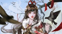 Rule 34 | 1girl, absurdres, artist request, bird, blue sky, branch, brown hair, chinese clothes, flying, highres, hua jianghu zhi bei mo ting, index finger raised, long hair, looking at viewer, open mouth, second-party source, sky, solo, streamers, teeth, upper body, wen jing (hua jianghu)