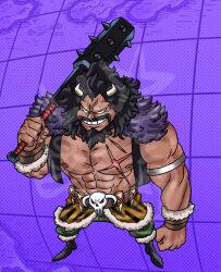 Rule 34 | 1boy, abs, absurdres, animal skull, armlet, bare pectorals, beard, black hair, club (weapon), concept art, dark-skinned male, dark skin, deformed, facial hair, full body, grin, highres, kaidou (one piece), large pectorals, long beard, male focus, mature male, muscular, muscular male, mustache, navel, nipples, one piece, pectorals, prototype design, scar, skull belt, smile, solo, standing, tengukiarts, toon (style), veiny face, weapon