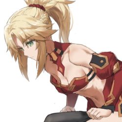 Rule 34 | 1girl, bad id, bad twitter id, bare shoulders, blonde hair, braid, breasts, cleavage, detached sleeves, dressing, fate/apocrypha, fate (series), hair ornament, hair scrunchie, juliet sleeves, long hair, long sleeves, mordred (fate), navel, parted bangs, ponytail, puffy sleeves, red scrunchie, scrunchie, simple background, small breasts, solo, thighhighs, tonee, white background