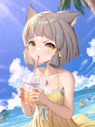 Rule 34 | 1boy, 2girls, absurdres, adapted costume, animal ear fluff, animal ears, bare arms, bare shoulders, blue one-piece swimsuit, blue sky, blush, brown hair, cat ears, chest jewel, cloud, collarbone, cup, day, disposable cup, dress, drinking, hair ribbon, highres, holding, holding cup, horizon, lens flare, multiple girls, nia (fancy sundress) (xenoblade), nia (xenoblade), nopon, ocean, one-piece swimsuit, outdoors, ribbon, roi (liu tian), short hair, sidelocks, sky, sleeveless, sleeveless dress, spoilers, sundress, sunlight, swimsuit, tress ribbon, upper body, v-shaped eyebrows, water, xenoblade chronicles (series), xenoblade chronicles 2, yellow dress, yellow eyes, yellow ribbon