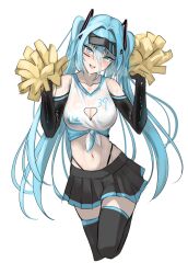 Rule 34 | 1girl, absurdres, aqua eyes, aqua hair, bare shoulders, black skirt, black thighhighs, blush, breasts, cheerleader, cleavage, cleavage cutout, clothing cutout, collarbone, commentary request, cowboy shot, crop top, detached sleeves, hair between eyes, hana hebi, hatsune miku, headset, highres, long hair, looking at viewer, medium breasts, midriff, miniskirt, navel, open mouth, pleated skirt, pom pom (cheerleading), shirt, simple background, skirt, smile, solo, standing, standing on one leg, sweat, thighhighs, tied shirt, twintails, underwear, very long hair, vocaloid, white background, zettai ryouiki