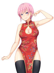 Rule 34 | 1girl, absurdres, armpits, bare shoulders, blue eyes, blush, breasts, china dress, chinese clothes, cleavage, cleavage cutout, clothing cutout, dress, earrings, go-toubun no hanayome, highres, jewelry, large breasts, nakano ichika, pelvic curtain, pink hair, rd (ardeee), red dress, short hair, simple background, smile, solo, stud earrings, thighhighs, white background