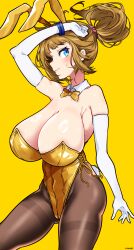 Rule 34 | 1girl, absurdres, aiuti, animal ears, bare shoulders, black pantyhose, bow, bowtie, bracelet, breasts, cleavage, commentary request, detached collar, elbow gloves, gloves, gold bowtie, gold leotard, gundam, gundam build fighters, highres, hoshino fumina, huge breasts, jewelry, leotard, pantyhose, playboy bunny, pointy breasts, rabbit ears, rabbit tail, sagging breasts, side-tie leotard, solo, standing, strapless, strapless leotard, tail, thighband pantyhose, twitter username, white gloves, yellow background