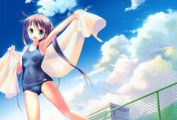 Rule 34 | 1girl, :d, blue eyes, blue one-piece swimsuit, blush, brown hair, cloud, day, fang, fence, hair ornament, highres, holding, long hair, looking at viewer, one-piece swimsuit, open mouth, open towel, original, ponytail, school swimsuit, sky, smile, solo, swimsuit, takoyaki (roast), towel, twintails