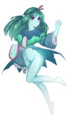 Rule 34 | 1girl, artist name, barefoot, blue (nanostar), blue skin, bottomless, colored skin, commentary, eyes visible through hair, ghost, ghost (monster girl encyclopedia), green hair, hair ribbon, highres, long hair, looking away, monster girl encyclopedia, navel, original, parted lips, pointy ears, red eyes, red ribbon, ribbon, rinkae, robe, simple background, solo, white background