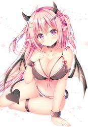 Rule 34 | 1girl, ahoge, black bra, black panties, blush, bra, breasts, collar, collarbone, commentary request, demon girl, demon tail, demon wings, frilled bra, frilled panties, frills, grin, hair between eyes, hair ornament, hairclip, hand on own chest, horns, large breasts, leaning to the side, long hair, looking at viewer, navel, one side up, original, panties, pink hair, pointy ears, purple eyes, sidelocks, simple background, sitting, smile, solo, suzukawa yui, tail, thigh strap, underwear, v-shaped eyebrows, white background, wings, wrist cuffs