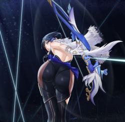 Rule 34 | 1girl, aqua simulacra (genshin impact), ass, asymmetrical gloves, bare shoulders, blue hair, bodysuit, bow (weapon), breasts, cameltoe, from behind, genshin impact, gloves, green eyes, highres, jacket, jacket on shoulders, large breasts, leaning, leaning forward, looking at viewer, looking back, luizhtx, mismatched gloves, pants, shiny clothes, shiny skin, short hair, sideboob, smile, solo, weapon, yelan (genshin impact)