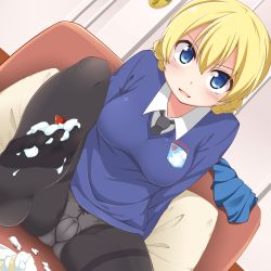 Rule 34 | 1girl, arms behind back, black necktie, black pantyhose, blonde hair, blue eyes, blue skirt, blue sweater, bow, bow panties, braid, breasts, cake, commentary, couch, crotch seam, darjeeling (girls und panzer), dou-t, dress shirt, dutch angle, emblem, feet, food, food on toes, fruit, girls und panzer, gusset, highres, indoors, leg up, long sleeves, looking at viewer, medium breasts, miniskirt, necktie, no shoes, on couch, open mouth, panties, panties under pantyhose, pantyhose, pillow, plate, pleated skirt, school uniform, shirt, short hair, sitting, skirt, unworn skirt, smile, solo, st. gloriana&#039;s (emblem), st. gloriana&#039;s school uniform, strawberry, sweater, thighband pantyhose, twin braids, underwear, v-neck, whipped cream, white shirt, wing collar