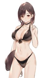 Rule 34 | 1girl, arm up, bare arms, bare legs, bikini, black choker, black hair, blush, breasts, choker, cleavage, collarbone, final fantasy, final fantasy vii, final fantasy vii remake, front-tie bikini top, front-tie top, halterneck, highres, large breasts, long hair, looking at viewer, low-tied long hair, majocc (dusty051), navel, red eyes, simple background, sleeveless, smile, solo, swimsuit, tifa lockhart, white background