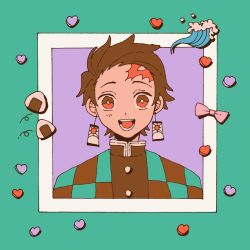 Rule 34 | 1boy, bad id, bad twitter id, bow, brown hair, checkered sash, dddddestroy, hanafuda, highres, kamado tanjirou, kimetsu no yaiba, looking at viewer, male focus, open mouth, pink bow, purple background, red eyes, scar, scar on face, scar on forehead, short hair, smile, solo, upper body