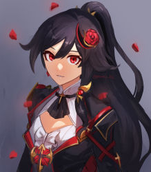 Rule 34 | 1girl, black hair, black jacket, center frills, character request, cleavage cutout, clothing cutout, commentary request, flower, frills, fu hua, fu hua (shadow knight), grey background, hair between eyes, hair flower, hair ornament, highres, honkai (series), honkai impact 3rd, jacket, long hair, looking at viewer, mmhy hk, parted lips, petals, ponytail, red eyes, red flower, red rose, rose, shirt, simple background, smile, solo, twitter username, upper body, very long hair, white shirt