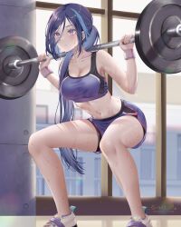 Rule 34 | 1girl, barbell, bike shorts, black sports bra, blue hair, breasts, cleavage, clorinde (genshin impact), closed mouth, collarbone, commentary request, dark blue hair, exercising, genshin impact, hair between eyes, indoors, large breasts, long hair, long hair between eyes, low ponytail, making-of available, multicolored hair, natsume koji, navel, purple eyes, purple sports bra, signature, solo, sports bra, sportswear, squatting, streaked hair, sweat, toned, two-tone sports bra, weightlifting
