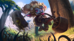 Rule 34 | 1girl, armor, artist name, black gloves, blurry, blurry background, blurry foreground, boots, buckler, dgatrick, full body, gloves, grass, highres, holding, holding weapon, jumping, league of legends, open mouth, outdoors, pointy ears, poppy (league of legends), purple eyes, scarf, shield, solo, tree, weapon, white hair, yordle