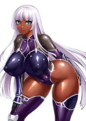 Rule 34 | 1girl, arched back, arm behind back, armor, ass, blue eyes, blunt bangs, boots, borrowed character, breasts, closed mouth, covered erect nipples, covered navel, dark-skinned female, dark skin, eyebrows, fishnets, gloves, groin, hand on own thigh, highleg, highleg leotard, hime cut, impossible clothes, impossible leotard, large breasts, latex, leaning forward, legs apart, leotard, light smile, liliana (wagaya no liliana-san), lilith-soft, long hair, looking at viewer, puffy nipples, rindou (radical dream), shiny clothes, shiny skin, simple background, skin tight, skindentation, smile, solo, taimanin (series), taimanin asagi kessen arena, taimanin suit, thick thighs, thighhighs, thighs, turtleneck, vambraces, very long hair, wagaya no liliana-san, white background, white hair
