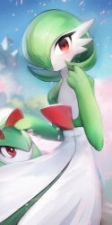 Rule 34 | 2girls, blue sky, blush, bob cut, cherry blossoms, closed mouth, colored skin, creatures (company), day, expressionless, female focus, flat chest, game freak, gardevoir, gen 3 pokemon, green hair, green skin, hair over one eye, hand on another&#039;s head, hands up, happy, kekekejima, kirlia, looking at another, looking at viewer, looking up, multicolored skin, multiple girls, nintendo, one eye covered, outdoors, petals, pokemon, pokemon (creature), red eyes, short hair, sky, smile, two-tone skin, white skin