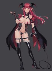 Rule 34 | 1girl, arm at side, bare shoulders, black footwear, black gloves, black panties, black thighhighs, blunt bangs, boots, breasts, cleavage, commission, contrapposto, demon girl, demon wings, dungeon and fighter, fingerless gloves, frilled boots, frills, full body, gloves, grey background, hand up, head wings, high heel boots, high heels, highres, holding, holding whip, large breasts, legs apart, long hair, looking at viewer, nail polish, navel, panties, parted lips, pointy ears, red eyes, red hair, revealing clothes, simple background, skindentation, smile, solo, standing, stomach, teeth, thigh boots, thigh strap, thighhighs, tunamayo (dsasd751), underwear, wings