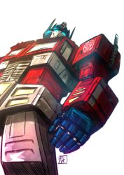 Rule 34 | absurdres, autobot, from below, glowing, glowing eyes, highres, insignia, looking to the side, mecha, no humans, open hand, optimus prime, robot, science fiction, solo, transformers, ultrafpc, white background