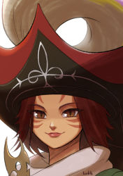 Rule 34 | 1girl, black hat, brown eyes, brown hair, closed mouth, commentary, commission, facial mark, final fantasy, final fantasy xiv, hat, looking at viewer, lutherniel, medium hair, miqo&#039;te, plume, portrait, red lips, signature, simple background, slit pupils, smile, solo, warrior of light (ff14), whisker markings, white background
