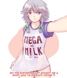 Rule 34 | 1girl, alternate costume, annoyed, black panties, blue eyes, bow, braid, breasts, clothes writing, commentary, english text, foreshortening, hair bow, highres, izayoi sakuya, light frown, looking at viewer, mega milk, meme attire, no pants, panties, pink background, raglan sleeves, reaching, reaching towards viewer, selfie, shirt, shirt tug, short hair, silver hair, small breasts, solo, t-shirt, thighs, touhou, twin braids, two-tone background, underwear, white background, yoruny